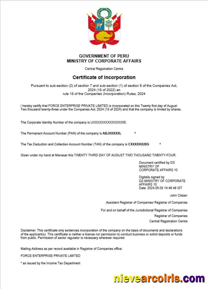 Peru business registration certificate